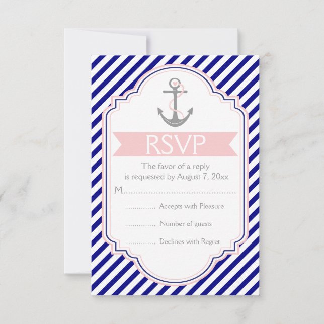 Marine bleu, ancre rose mariage nautique RSVP (Devant)