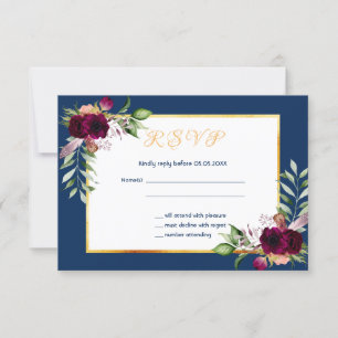 Marine bleu bordeaux bordeaux mariage RSVP carte