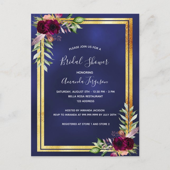 Marine bleu bordeaux floral nuptiale invitation do (Devant)