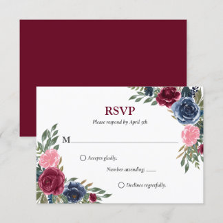 Marine Bleu Bourgogne Floral Wedding Cartes RSVP