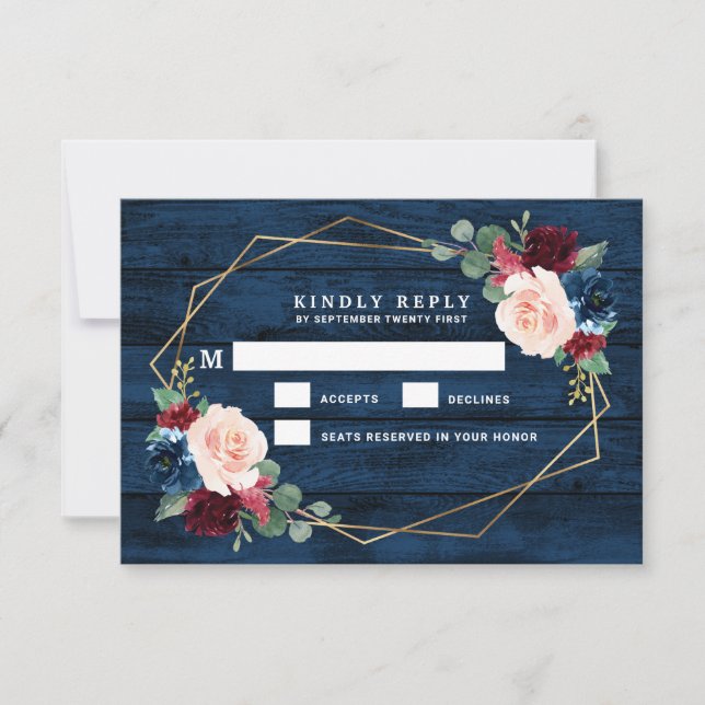 Marine Bleu Bourgogne Or Rose Mariage Cartes RSVP (Devant)