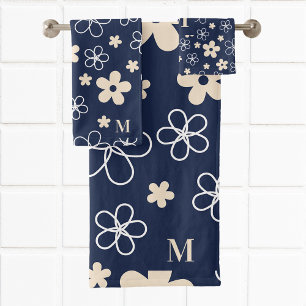 Marine bleu crème fleur motif rétro