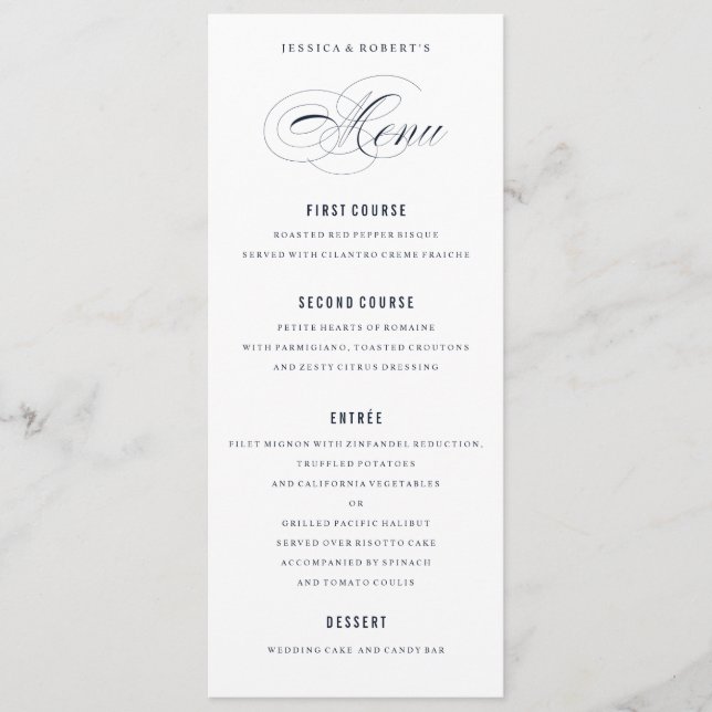 Marine Bleu Élégant Mariage Dîner Formel Menu (Devant)