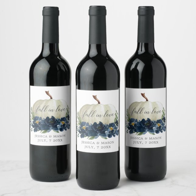 Marine bleu Floral Blanc Citrouille Vin Étiquettes (Bouteilles)
