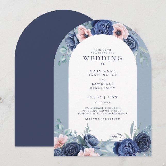 Marine bleu Floral Blush Faire-part de mariage ros (Devant / Derrière)