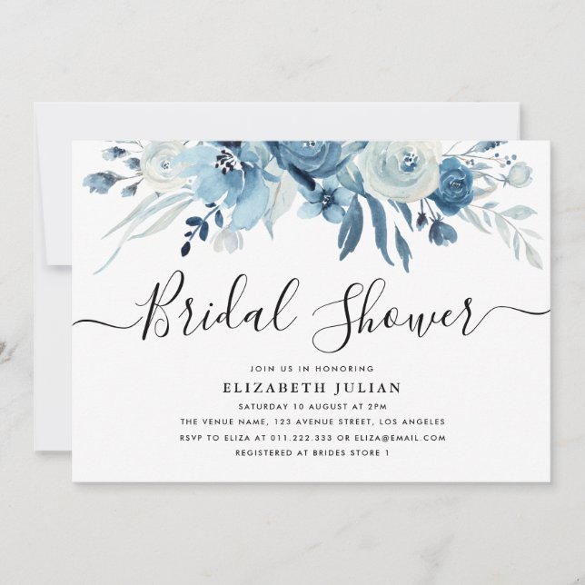 marine bleu floral nuptiale invitation (Devant)