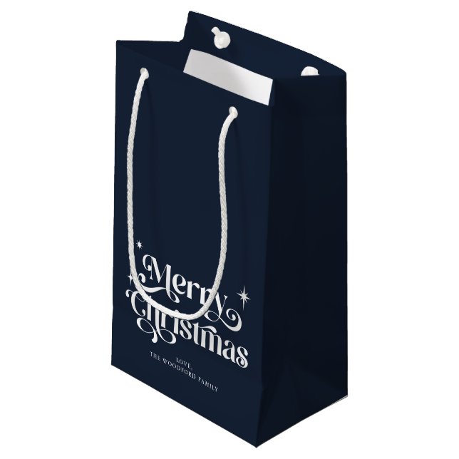 Marine Bleu Rétro Joyeux Noël Petit sac cadeau (Devant Angle)