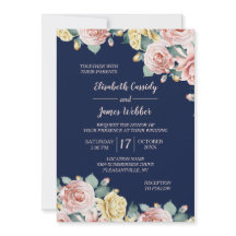 Marine bleu rose floral jolie Faire-part de mariag