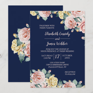 Marine bleu rose floral jolie Faire-part de mariag