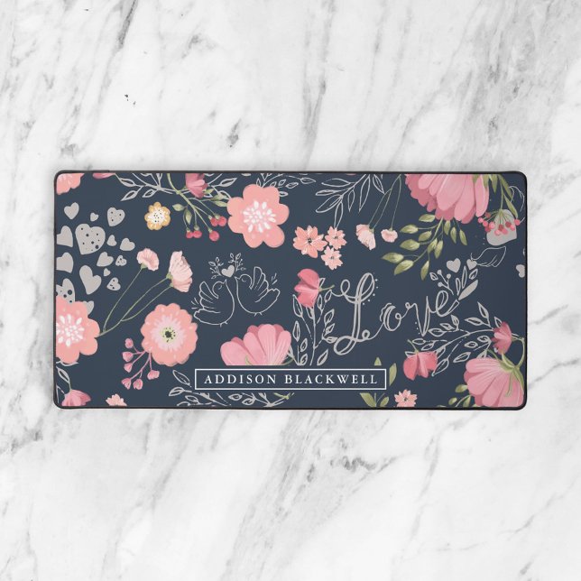 Marine bleu rose Floral Saint Valentin Mat avec no (Créateur téléchargé)