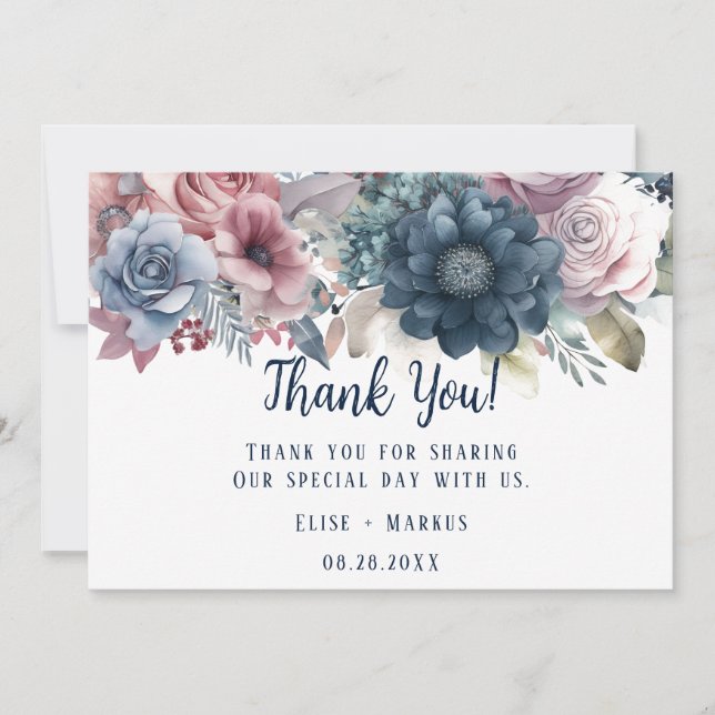 Marine Bleu rose rose Roses Mariage Merci Cartes (Devant)