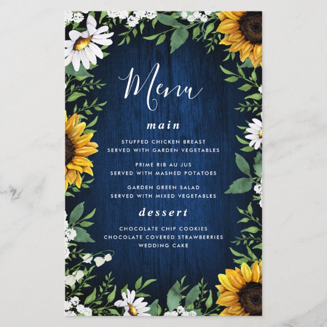Marine Bleu Tournesol Rustique Bois Mariage Cartes (Devant)