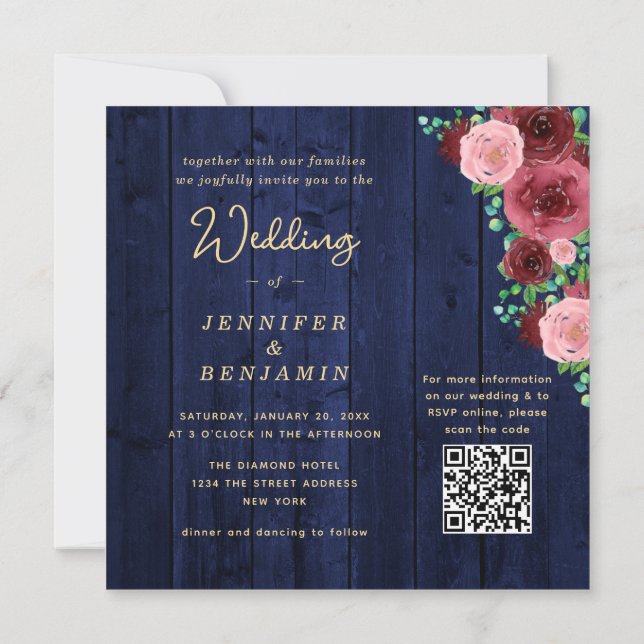 Marine Bleue Bourgogne Faire-part de mariage avec  (Dos)