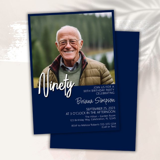 Marine Blue 90th Birthday Photo Invitation (Créateur téléchargé)