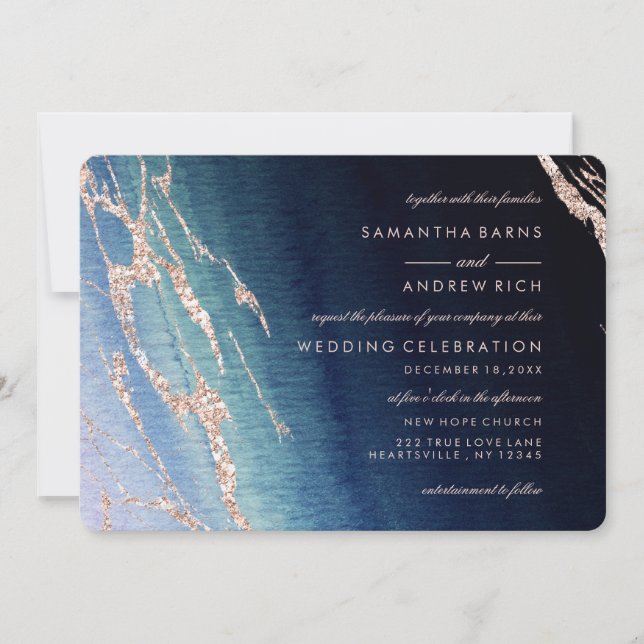 Marine Blue Agate & Rose Gold Wedding Invitations (Devant)