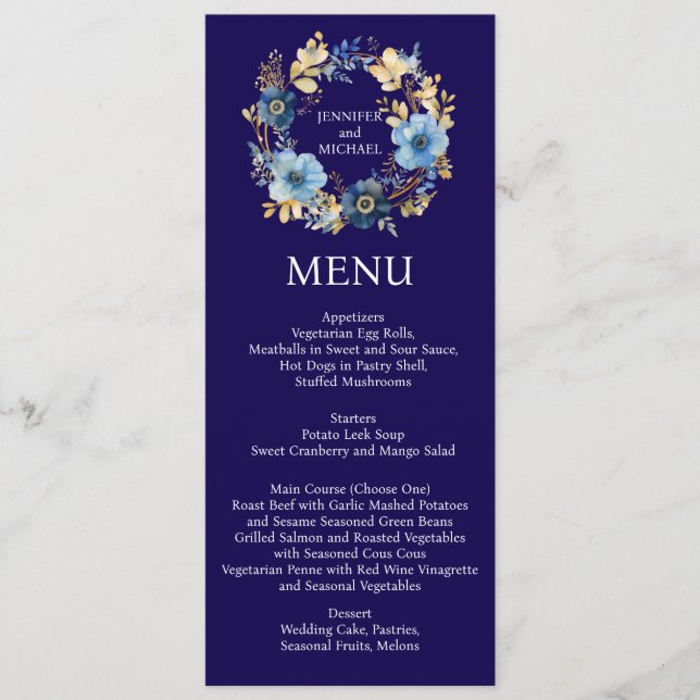 Marine Blue and Gold Floral Menu Mariage Menu (Devant)