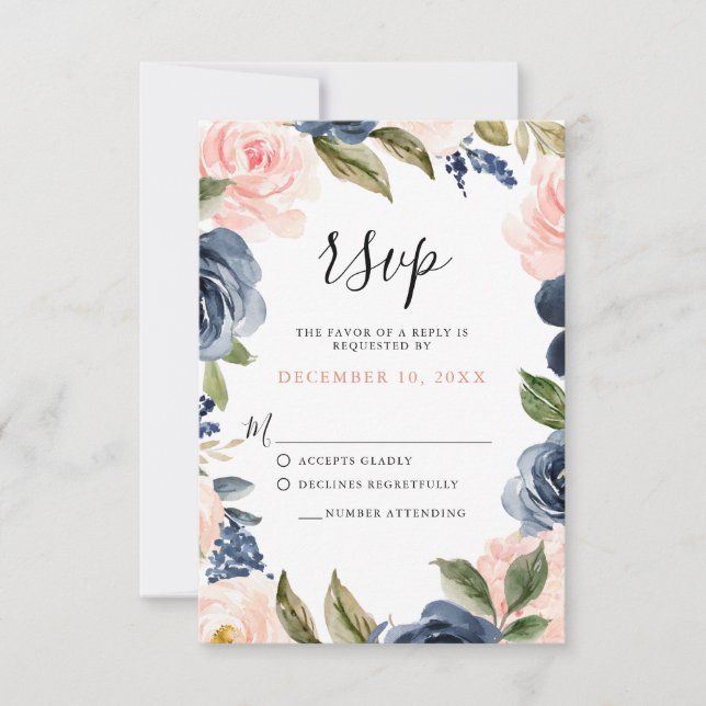 Marine Blue Blush Rose Rose Boho mariage RSVP (Devant)