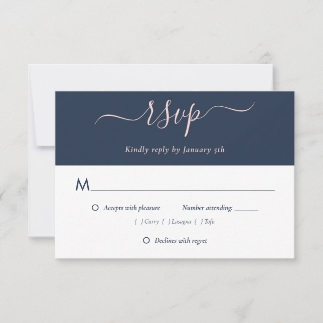 Marine Blue Blush Wedding Cartes RSVP Choix de rep (Devant)