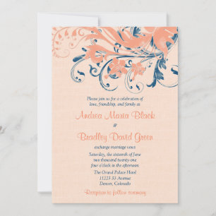 Marine Blue Coral Peach Floral Wedding Einladung