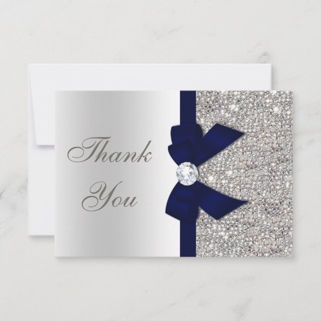 Marine Blue Faux Bow Sequins en argent Merci (Devant)