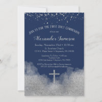 Marine Blue First Holy Communion Invitation Garçon
