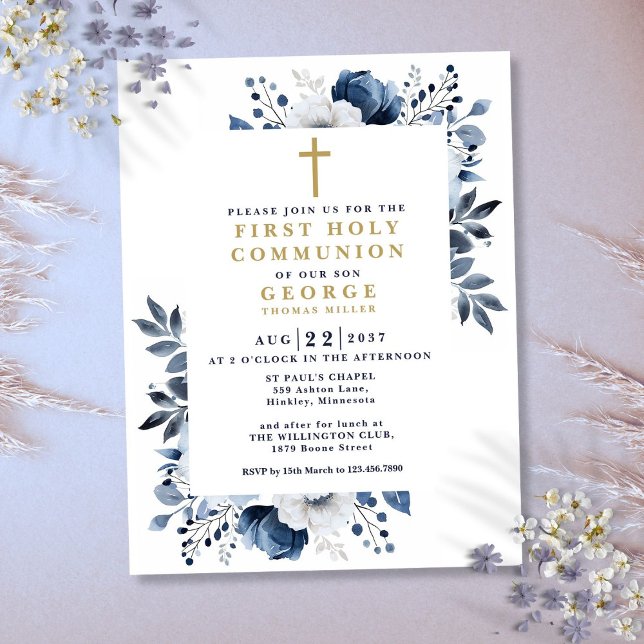 Marine Blue Floral First Holy Communion Invitation (Navy Blue Floral First Holy Communion Invitation Postcard)