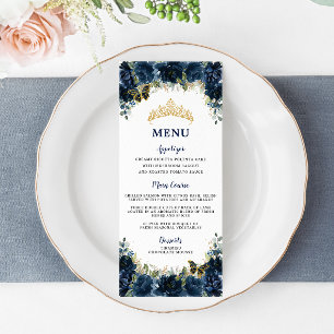 Marine Blue Floral Gold Quinceanera Menu d'anniver