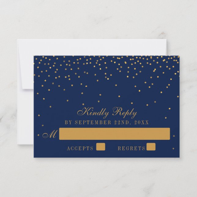 Marine Blue & Glam Gold Confetti Wedding RSVP (Devant)
