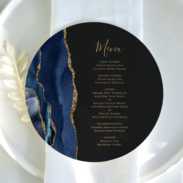 Marine Blue Gold Agate Round Plate Mariage Menu (Créateur téléchargé)