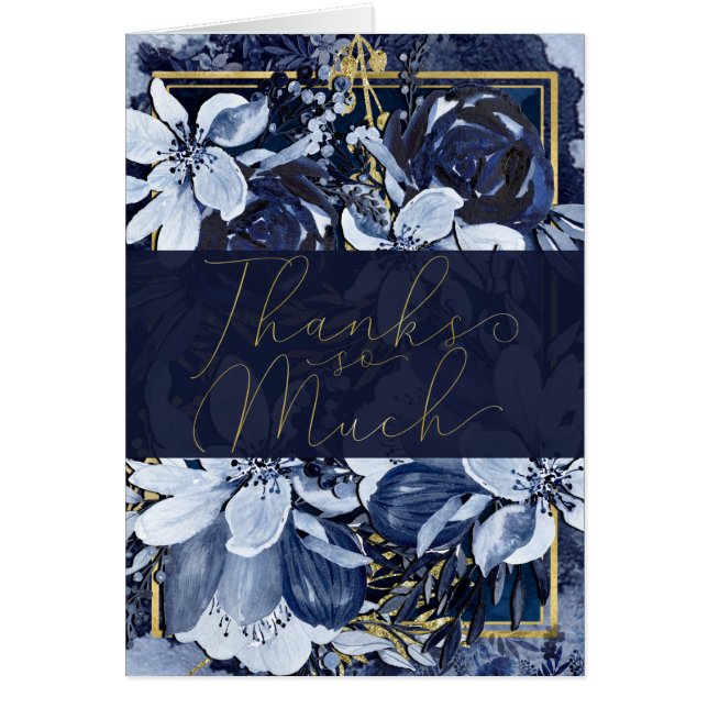 Marine Blue Gold Aquarelle moderne Merci floral (Devant)