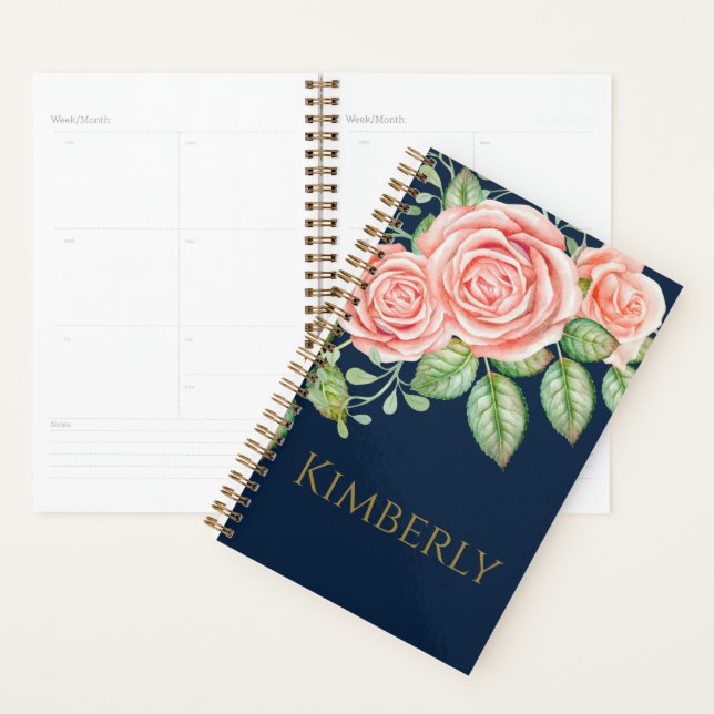 Marine Blue Gold Blush Floral Planificateur person (Devant avec enveloppe)