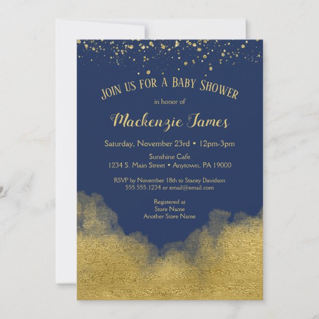 Marine Blue Gold Confetti Baby shower Invitation G (Devant)