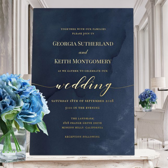 Marine Blue & Gold Elegant Mariage Foil Invitation (Créateur téléchargé)