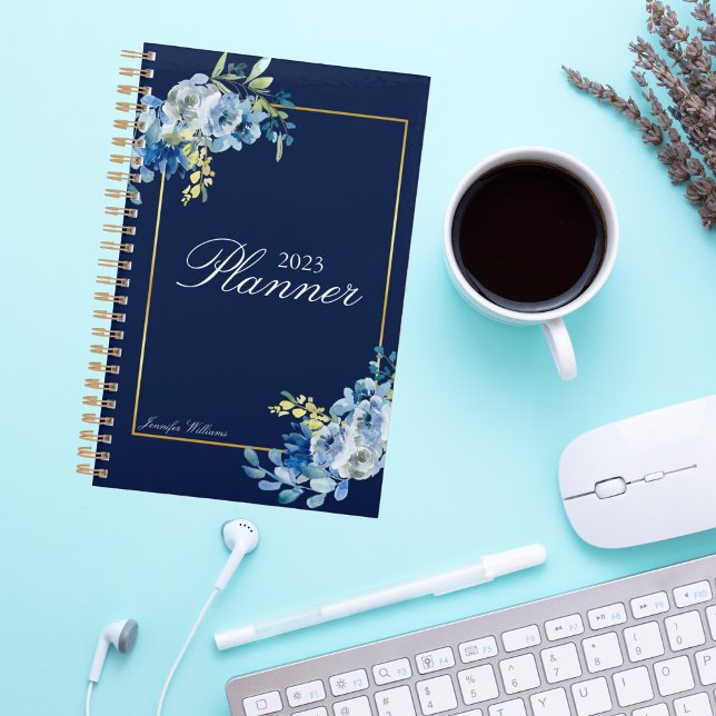 Marine Blue Gold Floral Élégant Personnalisé 2023 (Créateur téléchargé)