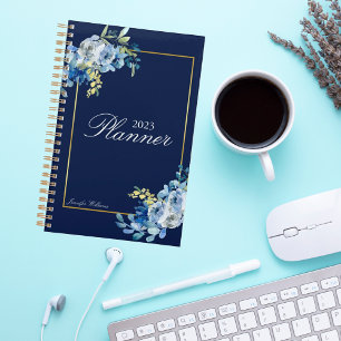 Marine Blue Gold Floral Élégant Personnalisé 2023