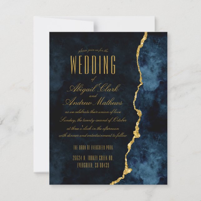 Marine Blue & Gold Foil Agate Mariage Invitations (Devant)