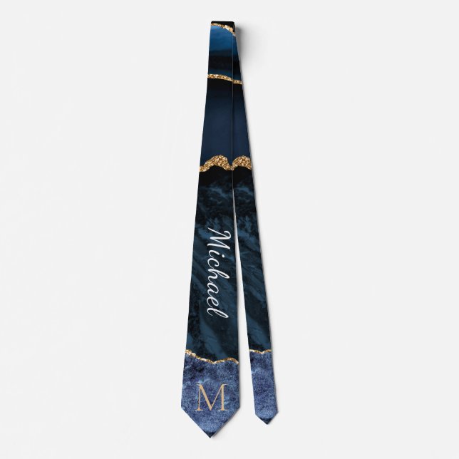 Marine Blue Gold Marble Custom Lettre Nom Cravate (Devant)