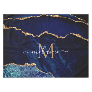 Marine Blue Gold Marble Nom personnalisé Nappe