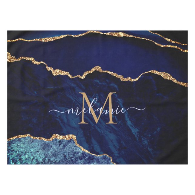 Marine Blue Gold Marble Nom personnalisé Nappe (Devant (Horizontal))
