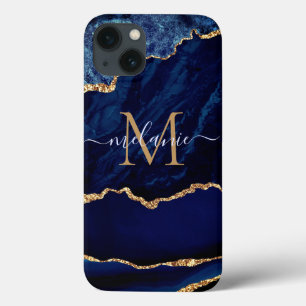 Marine Blue Gold Marble Votre Lettre Nom coque iph