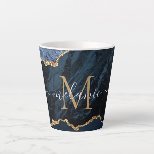 Marine Blue Gold Marbre Votre Lettre Nom Latte Mug (Devant)
