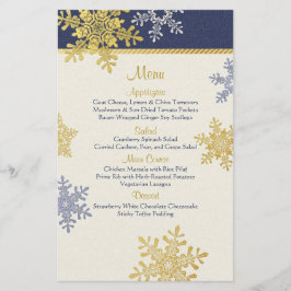 Marine Blue Gold Snowflakes Carte de menu de maria