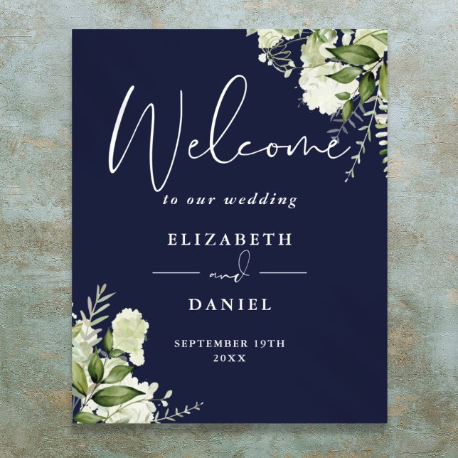 Marine Blue Greenery Floral Mariage Affiche de bie (Navy Blue Greenery Floral Wedding Welcome Sign)