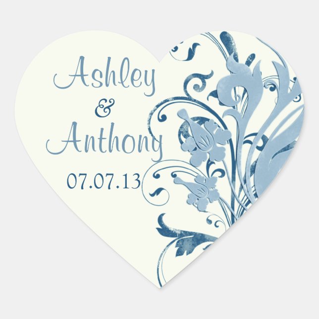 Marine Blue Ivory Floral Wedding Heart Stickers (Vorderseite)