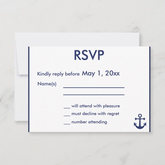 Marine Blue Nautical Wedding RSVP Cartes Ancre ble (Devant)