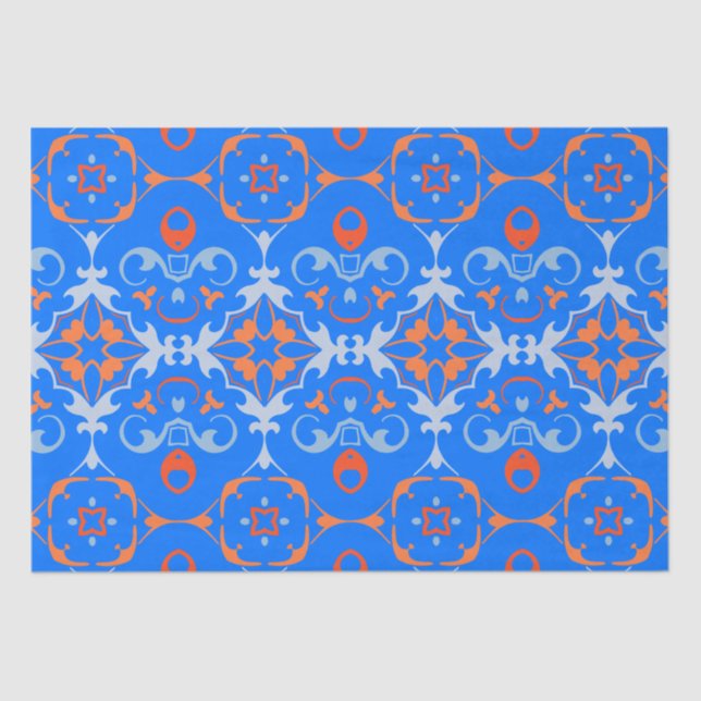 Marine Blue Orange Ethnic Boho Damask Muster Seidenpapier (Vorderseite)