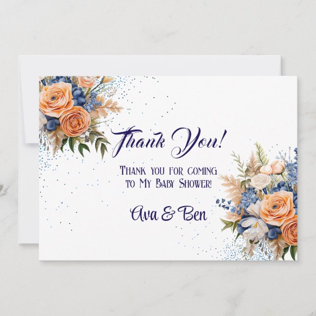 Marine Blue Peach Floral Mariage Merci Cartes (Devant)