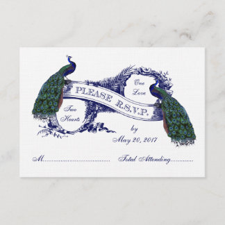 Marine Blue Peacocks Vintage Wedding RSVP