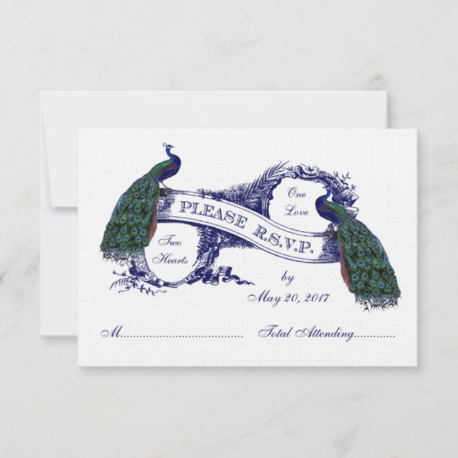 Marine Blue Peacocks Vintage Wedding RSVP (Devant)