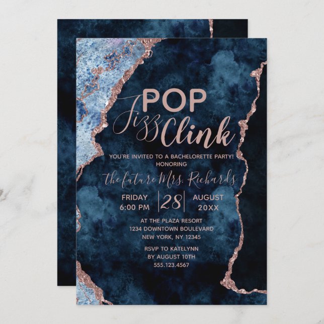 Marine Blue Pop Fizz Clink Bachelorette Invitation (Devant / Derrière)